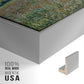 Close-up of the silver floater frame corner and gallery wrapped canvas construction.