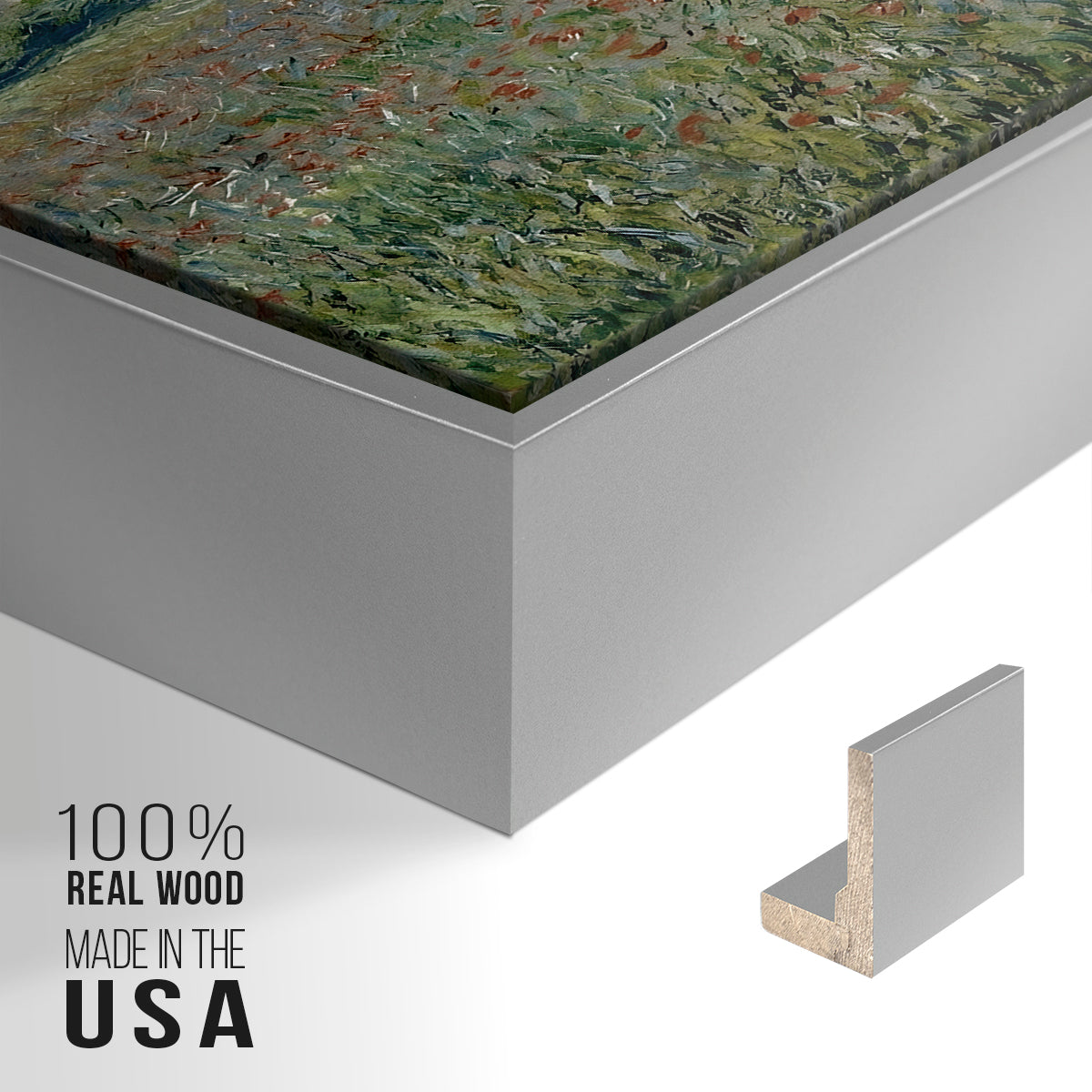 Close-up of the silver floater frame corner and gallery wrapped canvas construction.