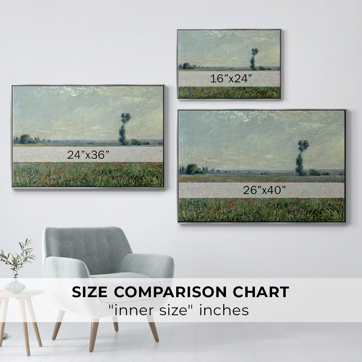 Size comparison chart for silver floater framed canvas featuring Poppy Field, 1881 by Claude Monet.