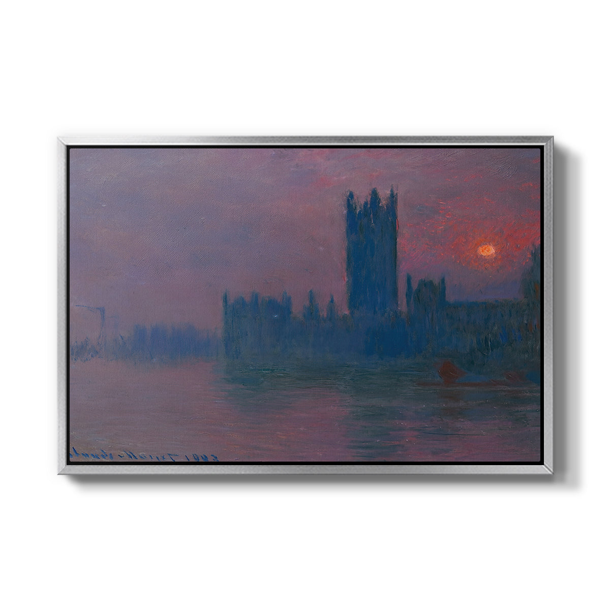 The Houses of Parliament, Sunset, 1903 by Claude Monet in a silver floater framed canvas wall art display.