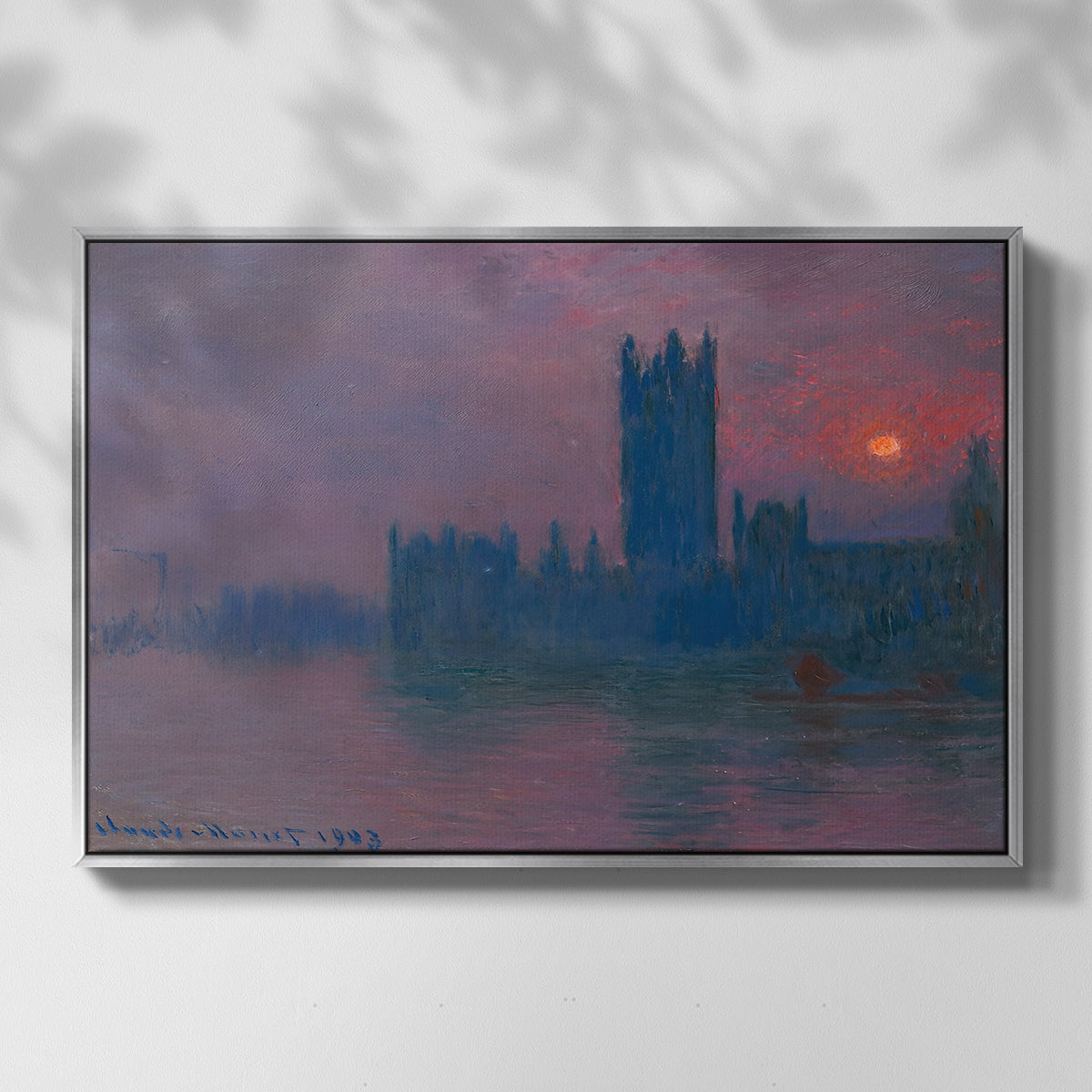 Front view of The Houses of Parliament, Sunset, 1903 by Claude Monet in a silver floater framed canvas.