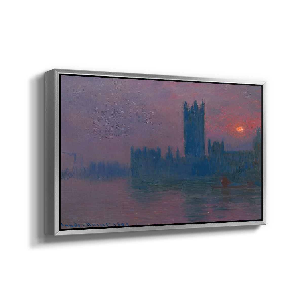 Angled view of The Houses of Parliament, Sunset, 1903 by Claude Monet in a silver floater framed canvas.