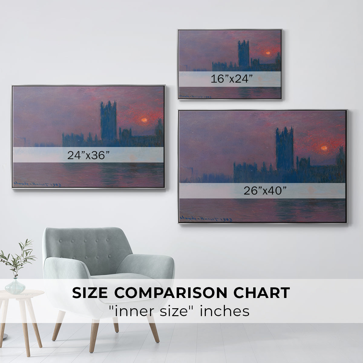 Size comparison chart for silver floater framed canvas featuring The Houses of Parliament, Sunset, 1903 by Claude Monet.