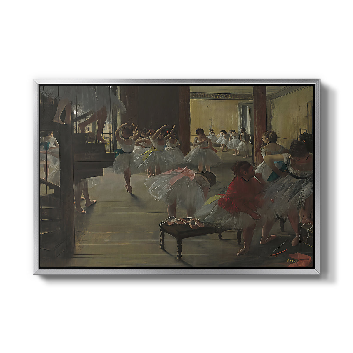 The Dance Class, c. 1873 by Edgar Degas in a silver floater framed canvas wall art display.