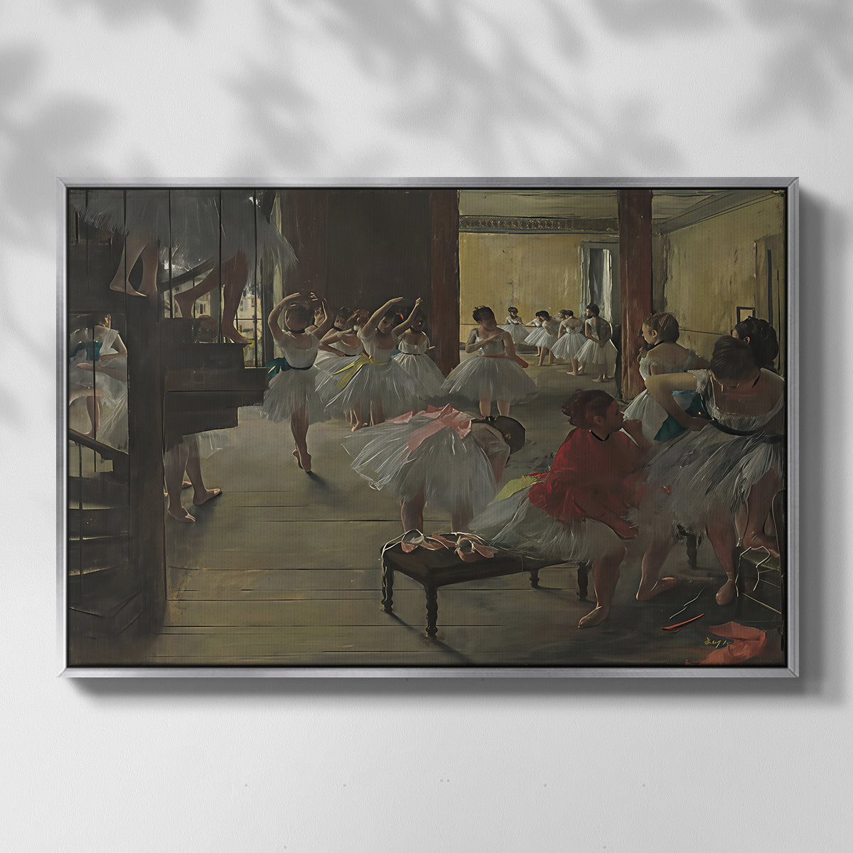 Front view of The Dance Class, c. 1873 by Edgar Degas in a silver floater framed canvas.