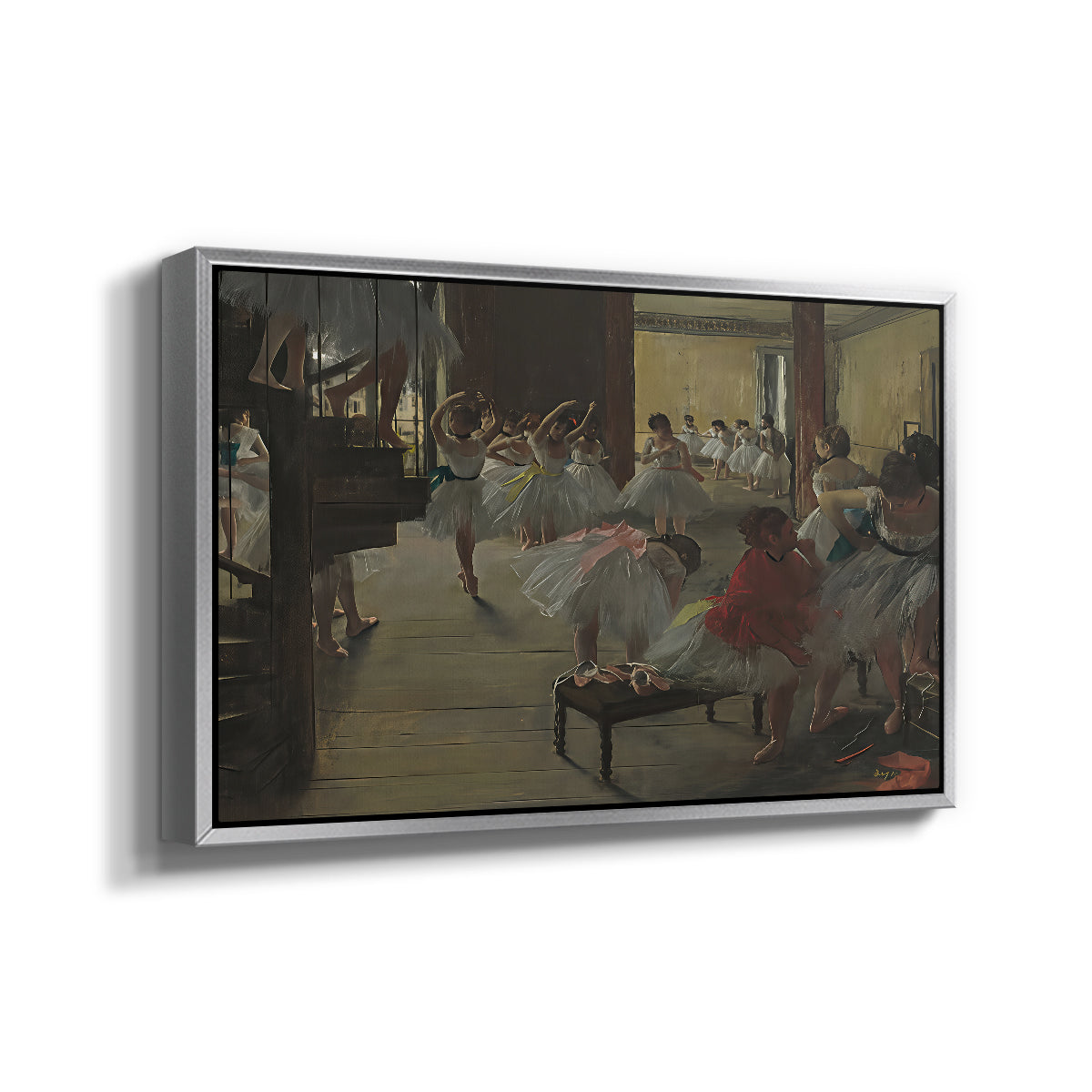 Angled view of The Dance Class, c. 1873 by Edgar Degas in a silver floater framed canvas.