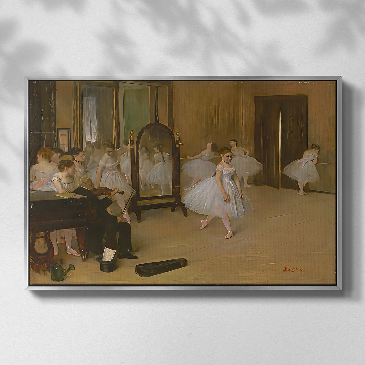 Front view of The Dancing Class, c. 1870 by Edgar Degas in a silver floater framed canvas.