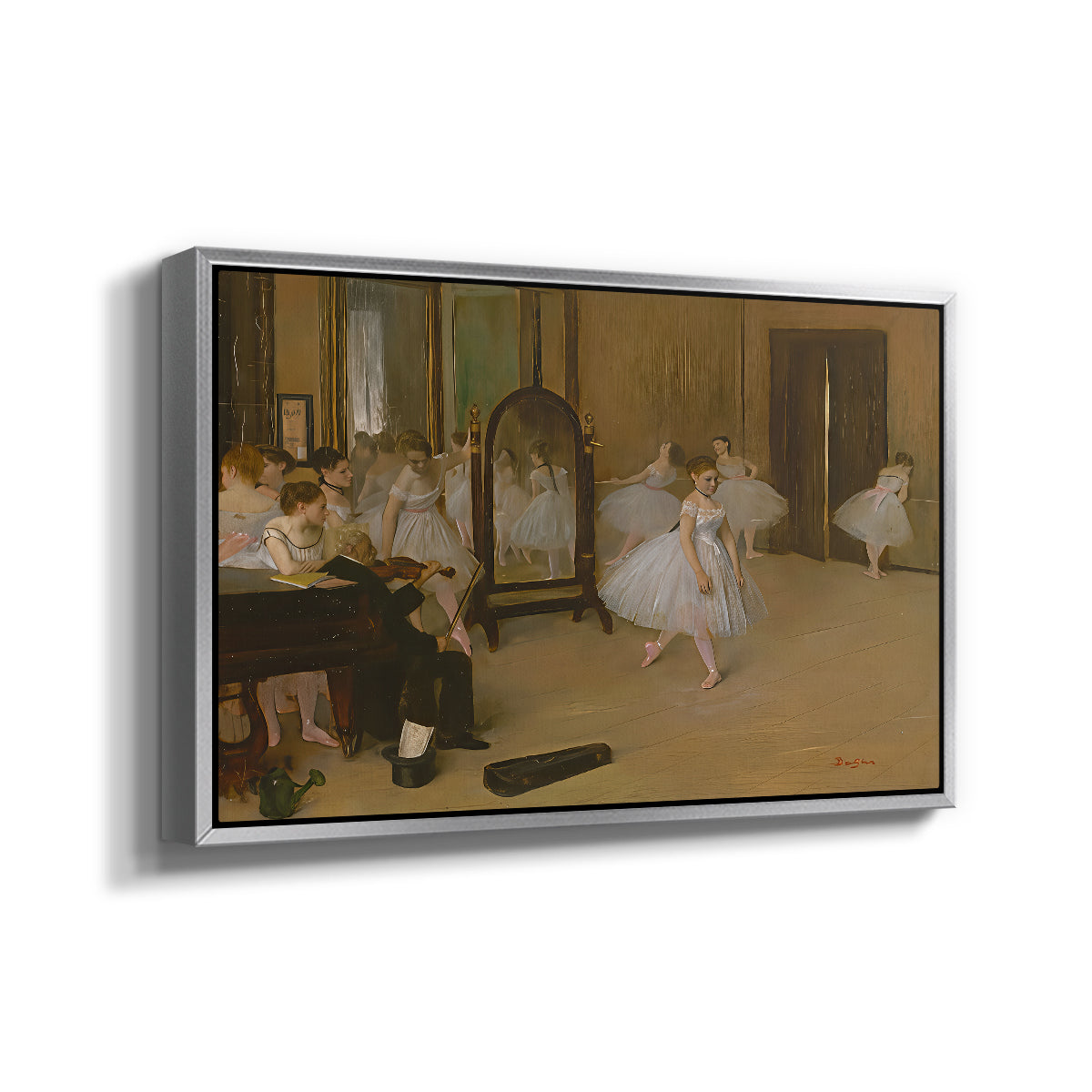 Angled view of The Dancing Class, c. 1870 by Edgar Degas in a silver floater framed canvas.