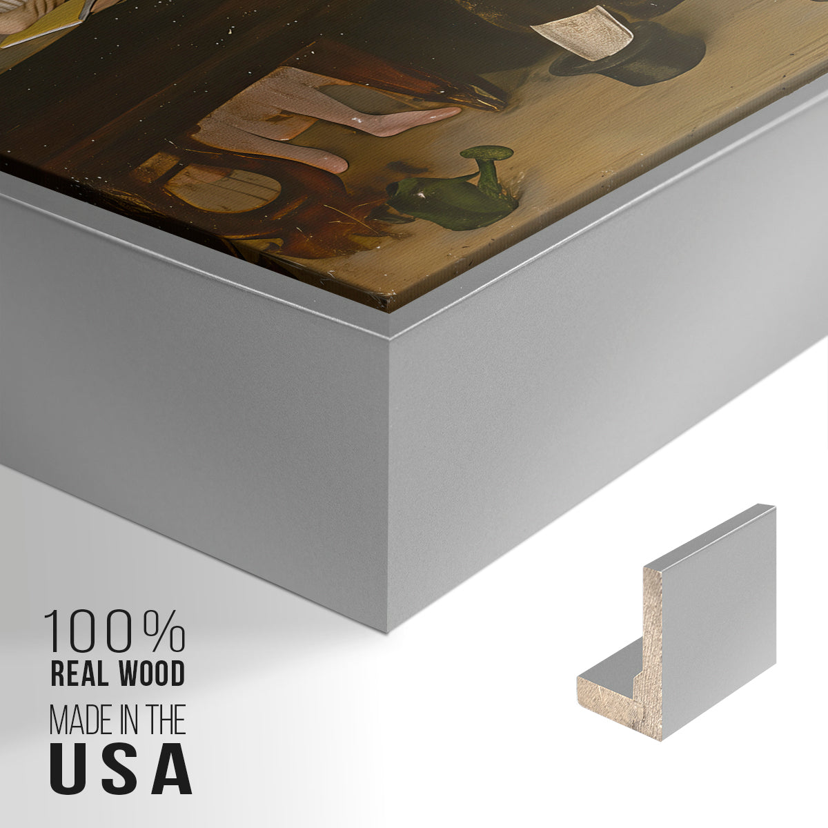Close-up of the silver floater frame corner and gallery wrapped canvas construction.