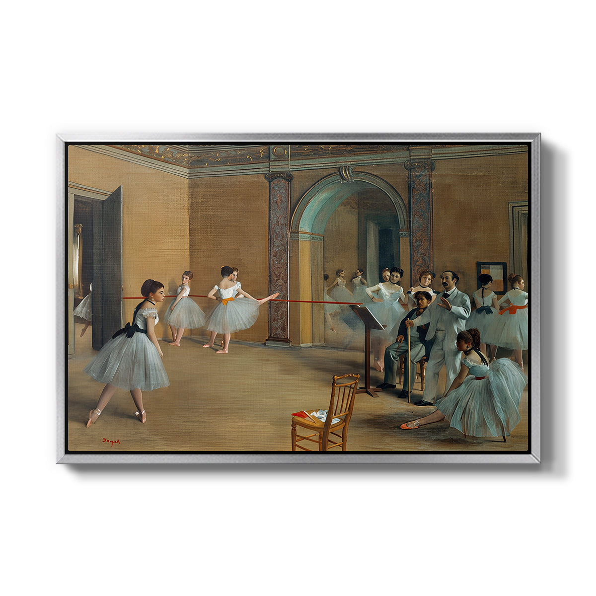 The Dance Foyer at the Opera on the Rue Le Peletier, 1872 by Edgar Degas in a silver floater framed canvas wall art display.