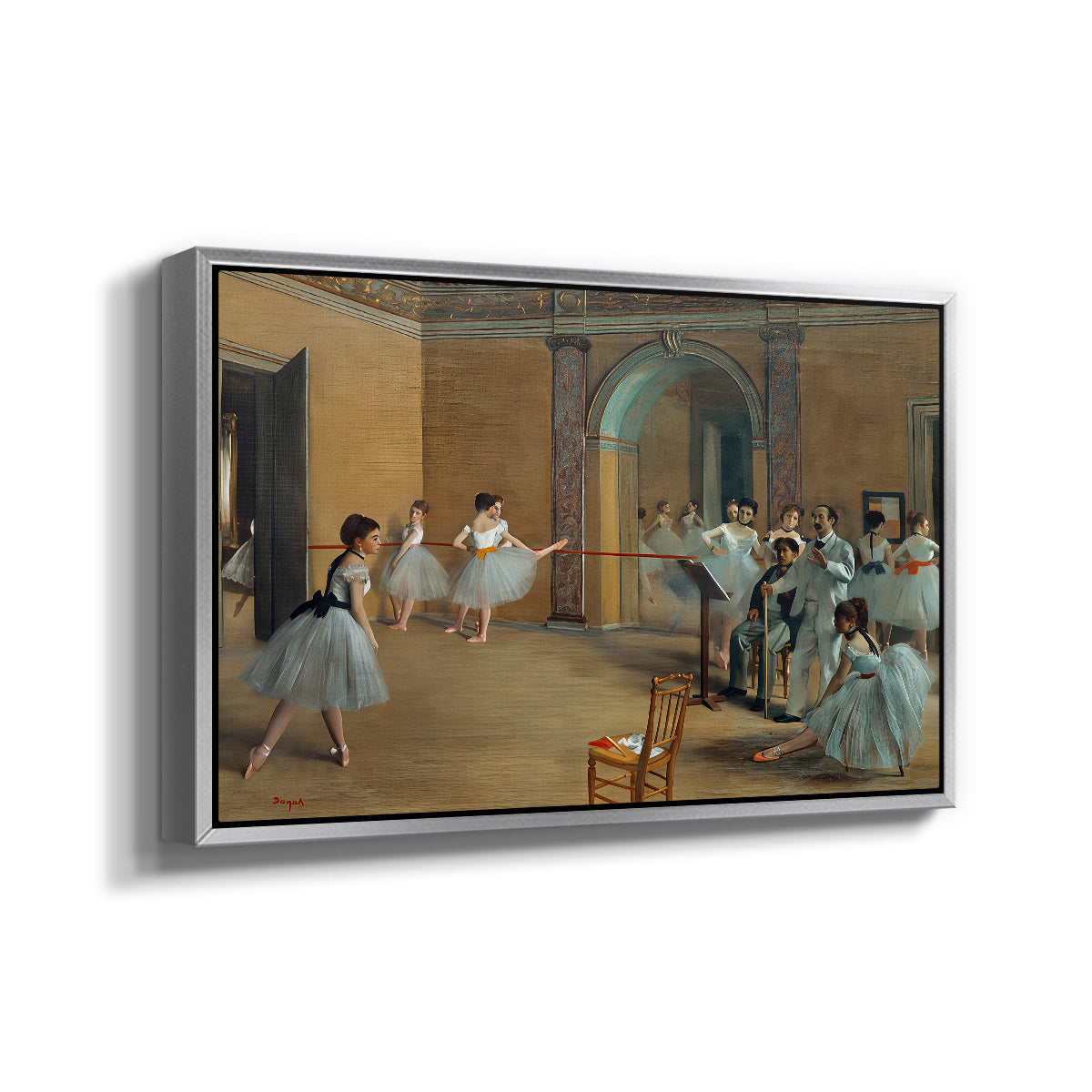 Angled view of The Dance Foyer at the Opera on the Rue Le Peletier, 1872 by Edgar Degas in a silver floater framed canvas.
