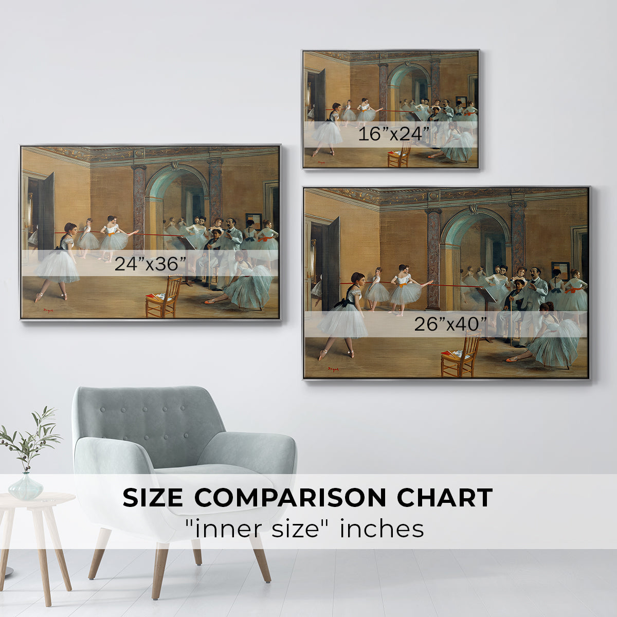 Size comparison chart for silver floater framed canvas featuring The Dance Foyer at the Opera on the Rue Le Peletier, 1872 by Edgar Degas.