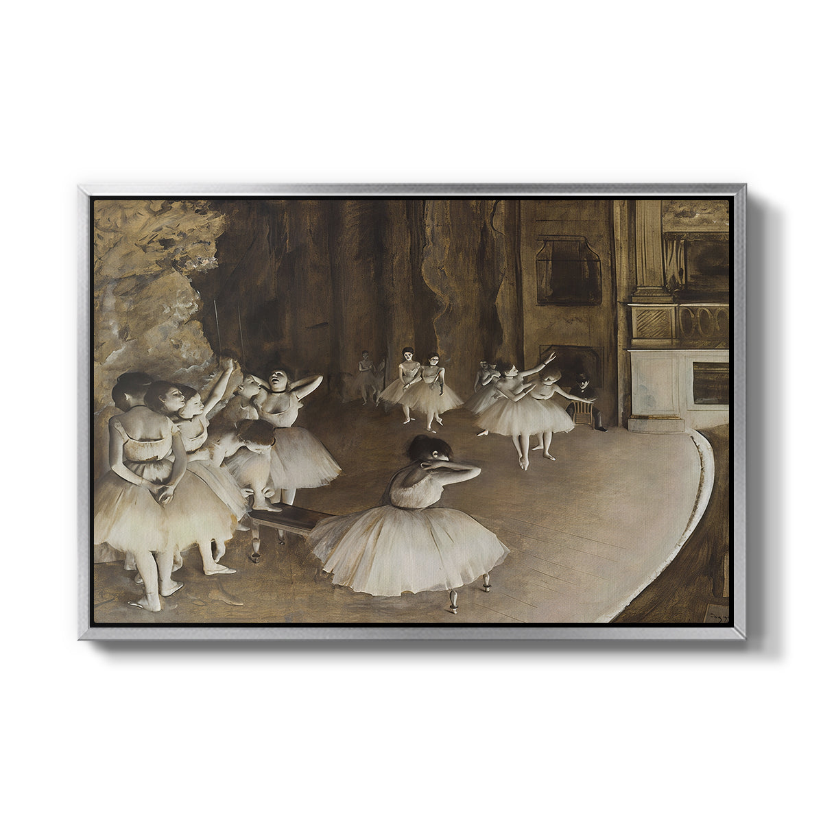 The Rehearsal of the Ballet Onstage, 1874 by Edgar Degas in a silver floater framed canvas wall art display.