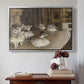 Silver floater framed canvas featuring The Rehearsal of the Ballet Onstage, 1874 by Edgar Degas above an entryway table in a minimalist foyer.