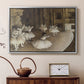 Silver floater framed canvas featuring an impressionist depiction of ballet practice on theater stage, displayed above a cabinet in a soft-toned living room.