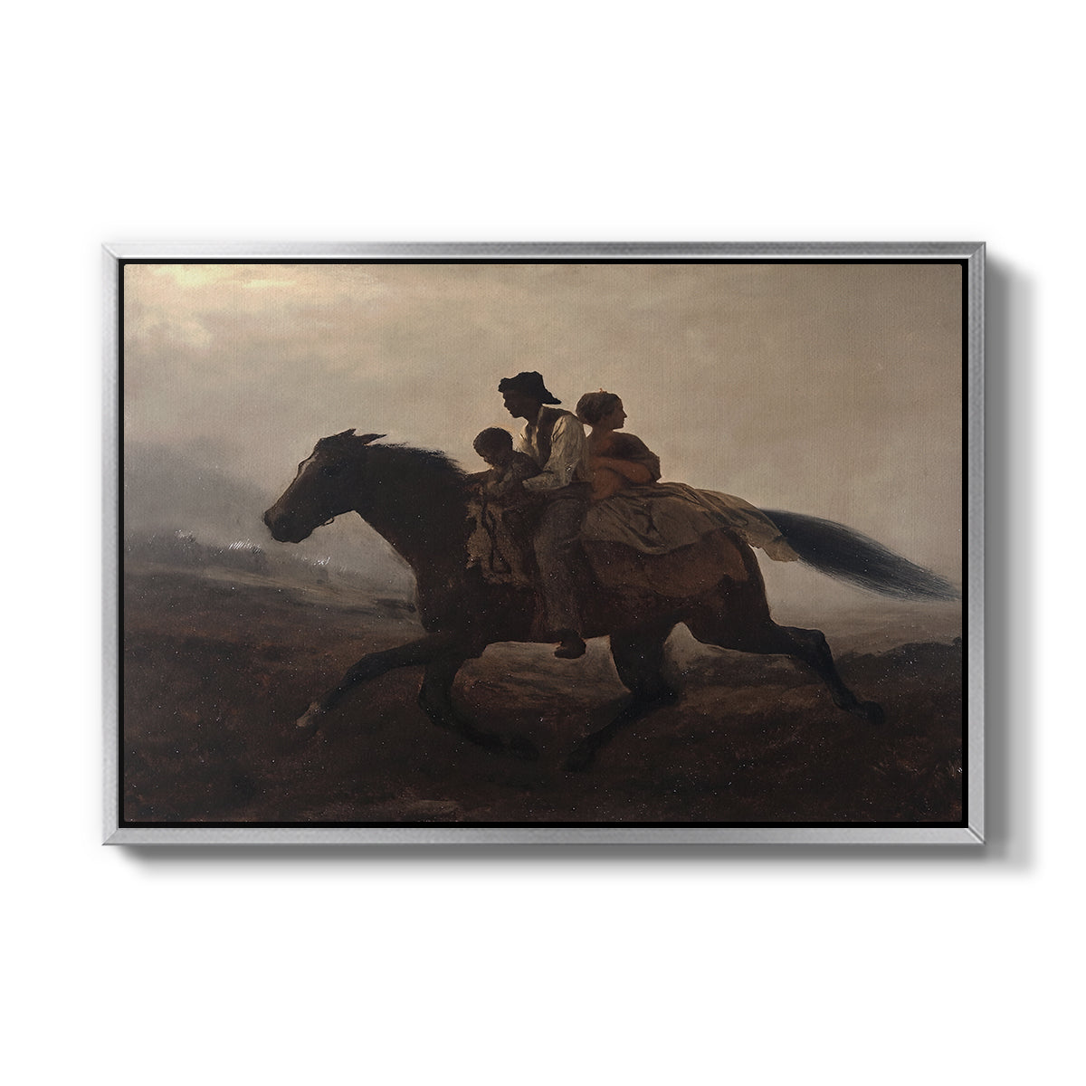 A Ride for Liberty – The Fugitive Slaves, c. 1862 by Eastman Johnson in a silver floater framed canvas wall art display.