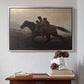 Silver floater framed canvas featuring A Ride for Liberty – The Fugitive Slaves, c. 1862 by Eastman Johnson above an entryway table in a minimalist foyer.