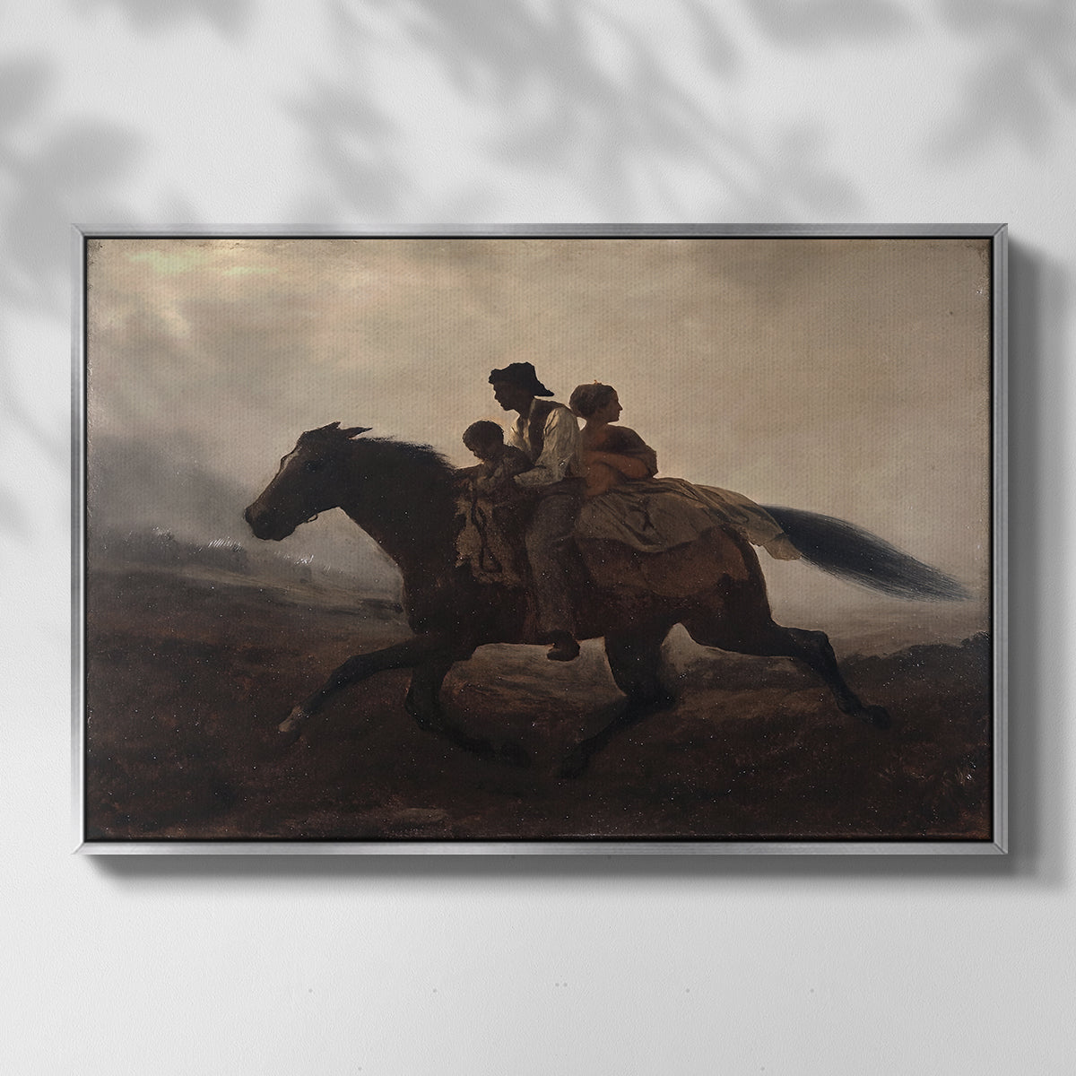Front view of A Ride for Liberty – The Fugitive Slaves, c. 1862 by Eastman Johnson in a silver floater framed canvas.