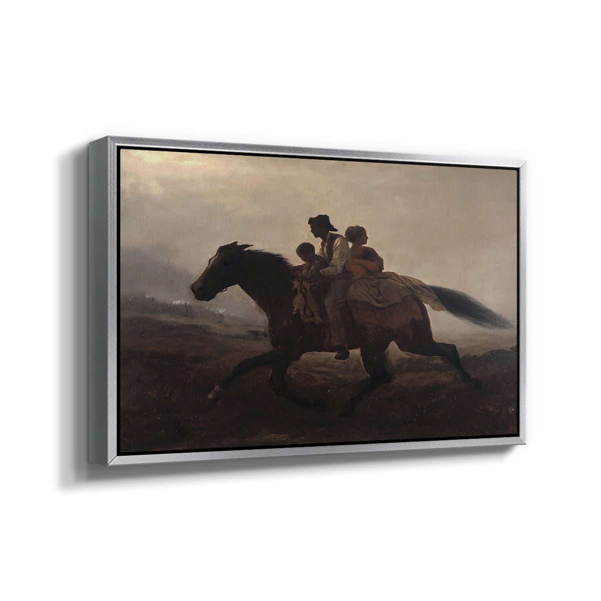 Angled view of A Ride for Liberty – The Fugitive Slaves, c. 1862 by Eastman Johnson in a silver floater framed canvas.