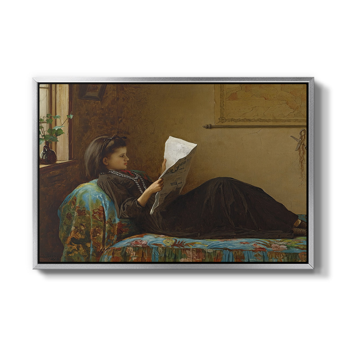 Interesting News, 1872 by Eastman Johnson in a silver floater framed canvas wall art display.