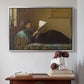 Silver floater framed canvas featuring Interesting News, 1872 by Eastman Johnson above an entryway table in a minimalist foyer.