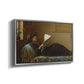 Angled view of Interesting News, 1872 by Eastman Johnson in a silver floater framed canvas.