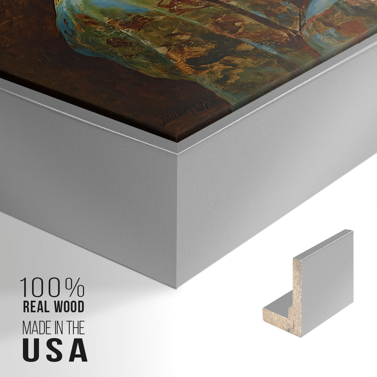 Close-up of the silver floater frame corner and gallery wrapped canvas construction.
