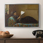 Interesting News, 1872 by Eastman Johnson in a silver floater framed canvas displayed above a console table in a hallway, featuring a casual gathering around newspaper in rustic room.