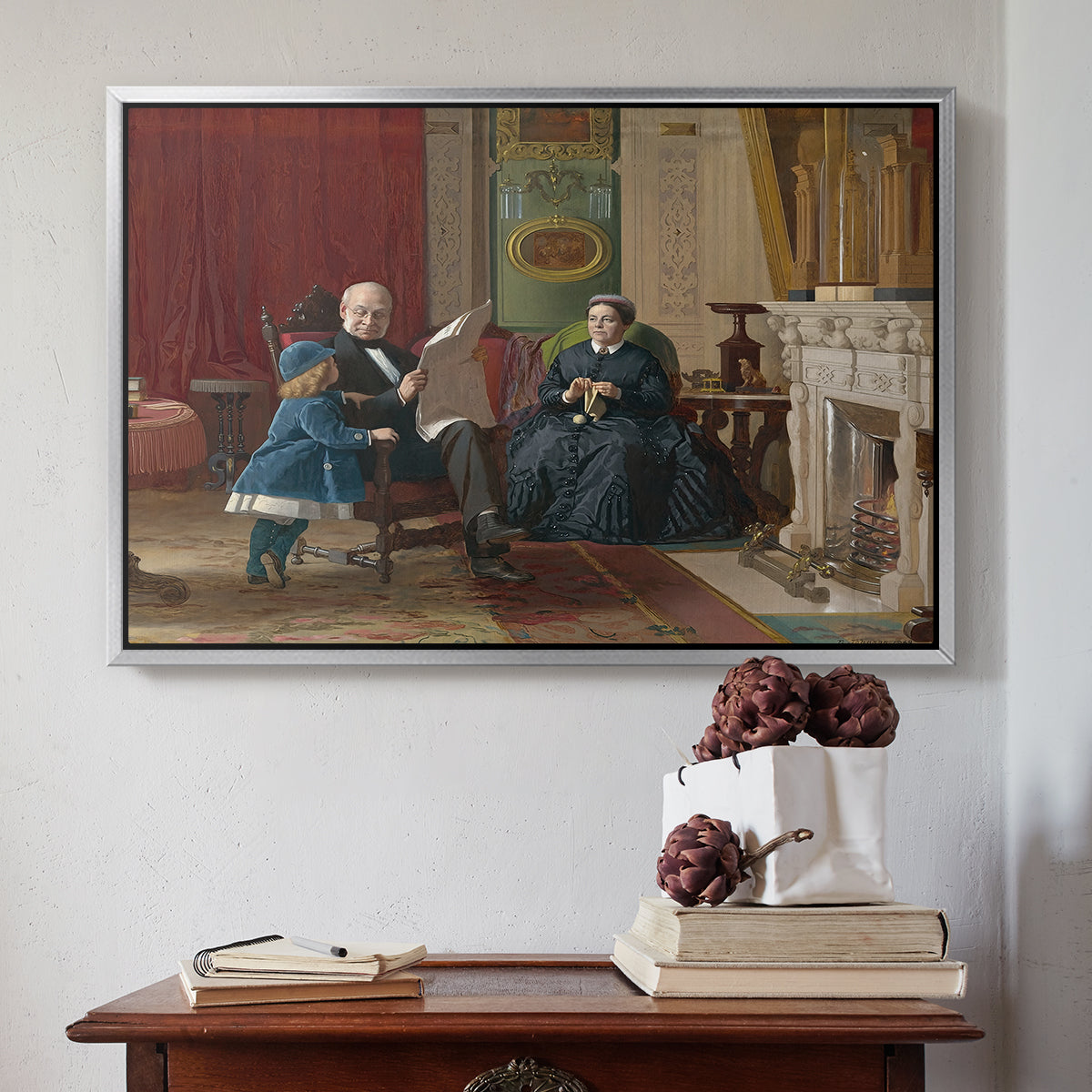 Silver floater framed canvas featuring The Brown Family, 1869 by Eastman Johnson above an entryway table in a minimalist foyer.
