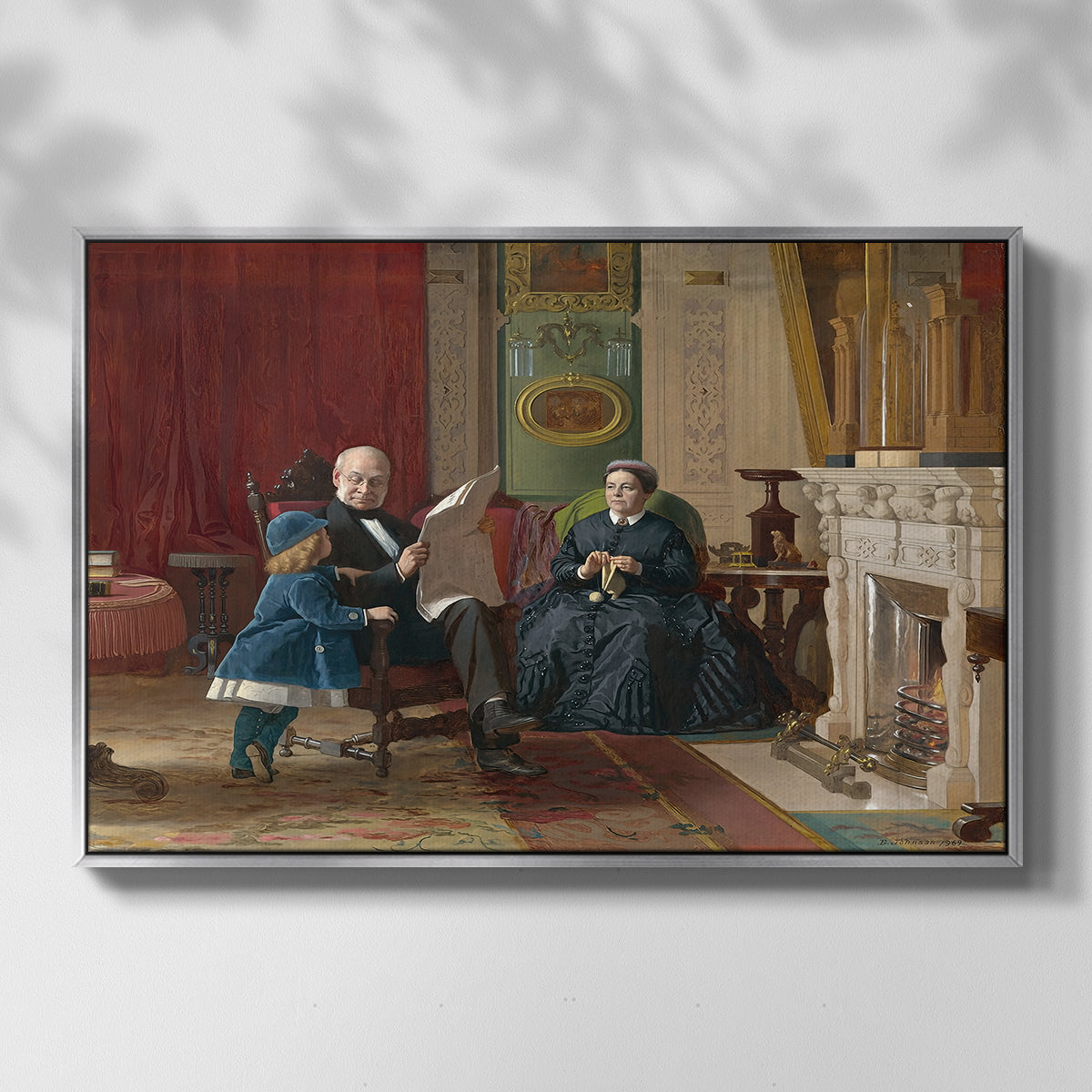 Front view of The Brown Family, 1869 by Eastman Johnson in a silver floater framed canvas.