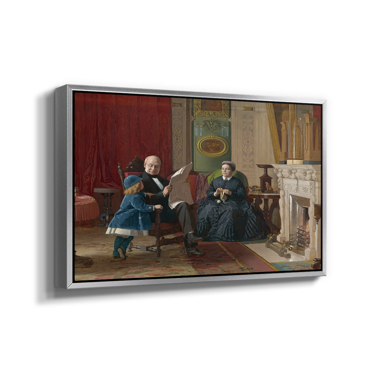 Angled view of The Brown Family, 1869 by Eastman Johnson in a silver floater framed canvas.