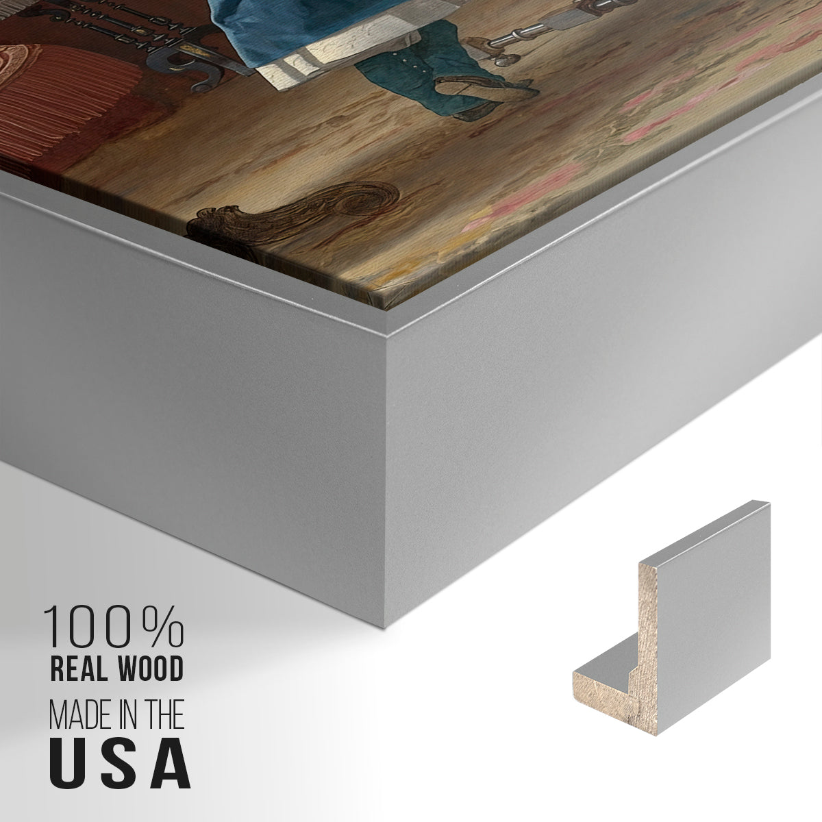 Close-up of the silver floater frame corner and gallery wrapped canvas construction.
