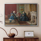 Silver floater framed canvas featuring an Americana scene with figures sitting and interacting indoors, displayed above a cabinet in a soft-toned living room.
