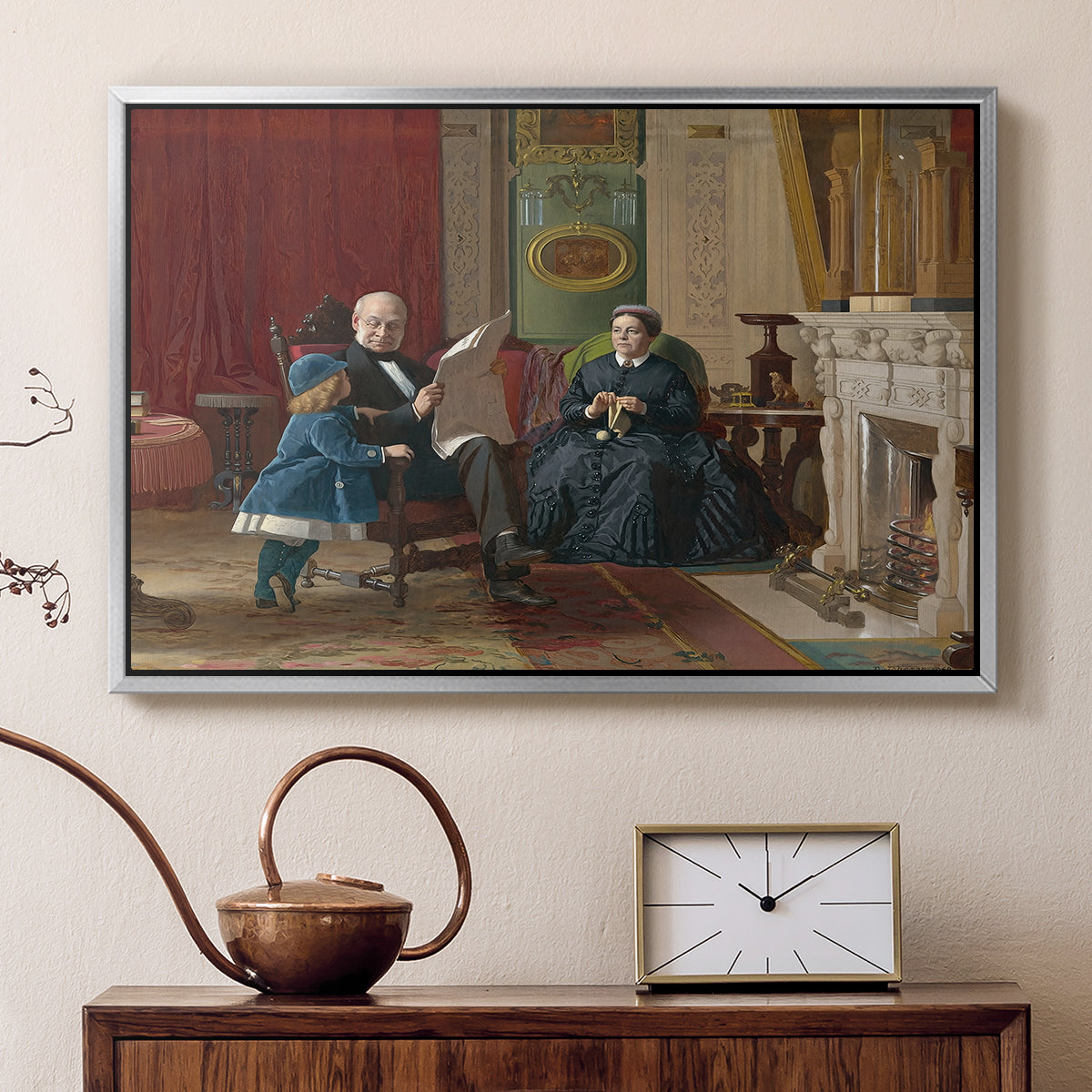 Silver floater framed canvas featuring an Americana scene with figures sitting and interacting indoors, displayed above a cabinet in a soft-toned living room.
