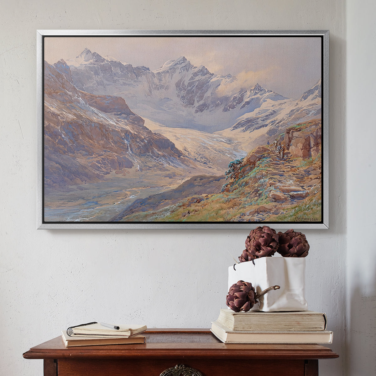 Silver floater framed canvas featuring Odenwinklkees with the Johannisberg, 1902 by Edward Theodore Compton above an entryway table in a minimalist foyer.