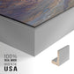 Close-up of the silver floater frame corner and gallery wrapped canvas construction.