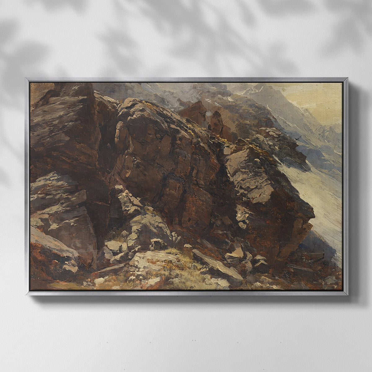Front view of High Mountain Study, c. 1870 by Edward Theodore Compton in a silver floater framed canvas.