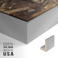 Close-up of the silver floater frame corner and gallery wrapped canvas construction.