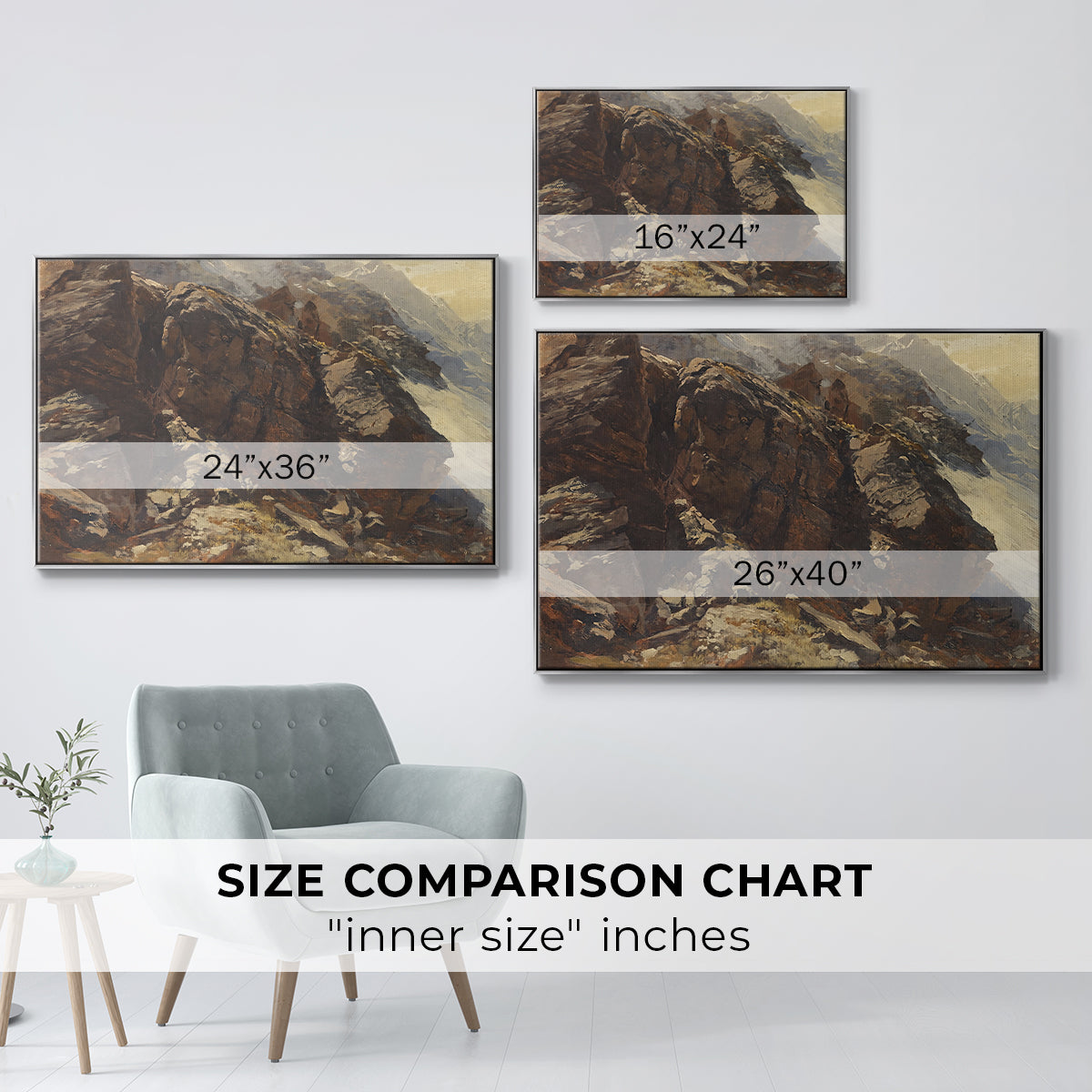 Size comparison chart for silver floater framed canvas featuring High Mountain Study, c. 1870 by Edward Theodore Compton.