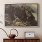 Silver floater framed canvas featuring a high-altitude scene with rocky formations and sparse vegetation, displayed above a cabinet in a soft-toned living room.