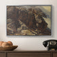 High Mountain Study, c. 1870 by Edward Theodore Compton in a silver floater framed canvas displayed above a console table in a hallway, featuring a realistic depiction of mountainous terrain under open sky.