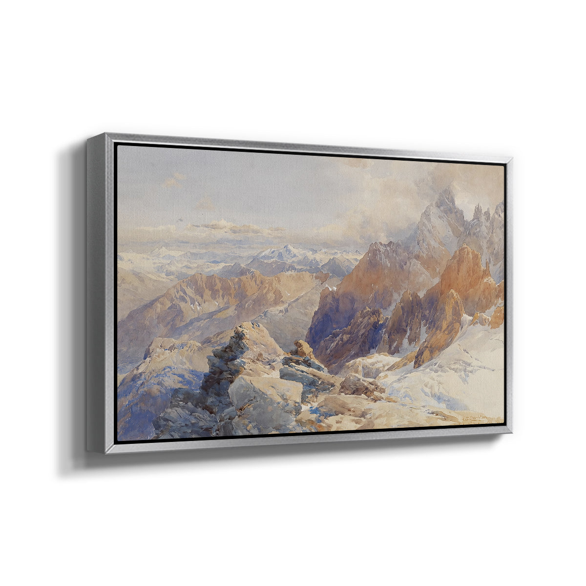 Angled view of Col du Géant, 1903 by Edward Theodore Compton in a silver floater framed canvas.