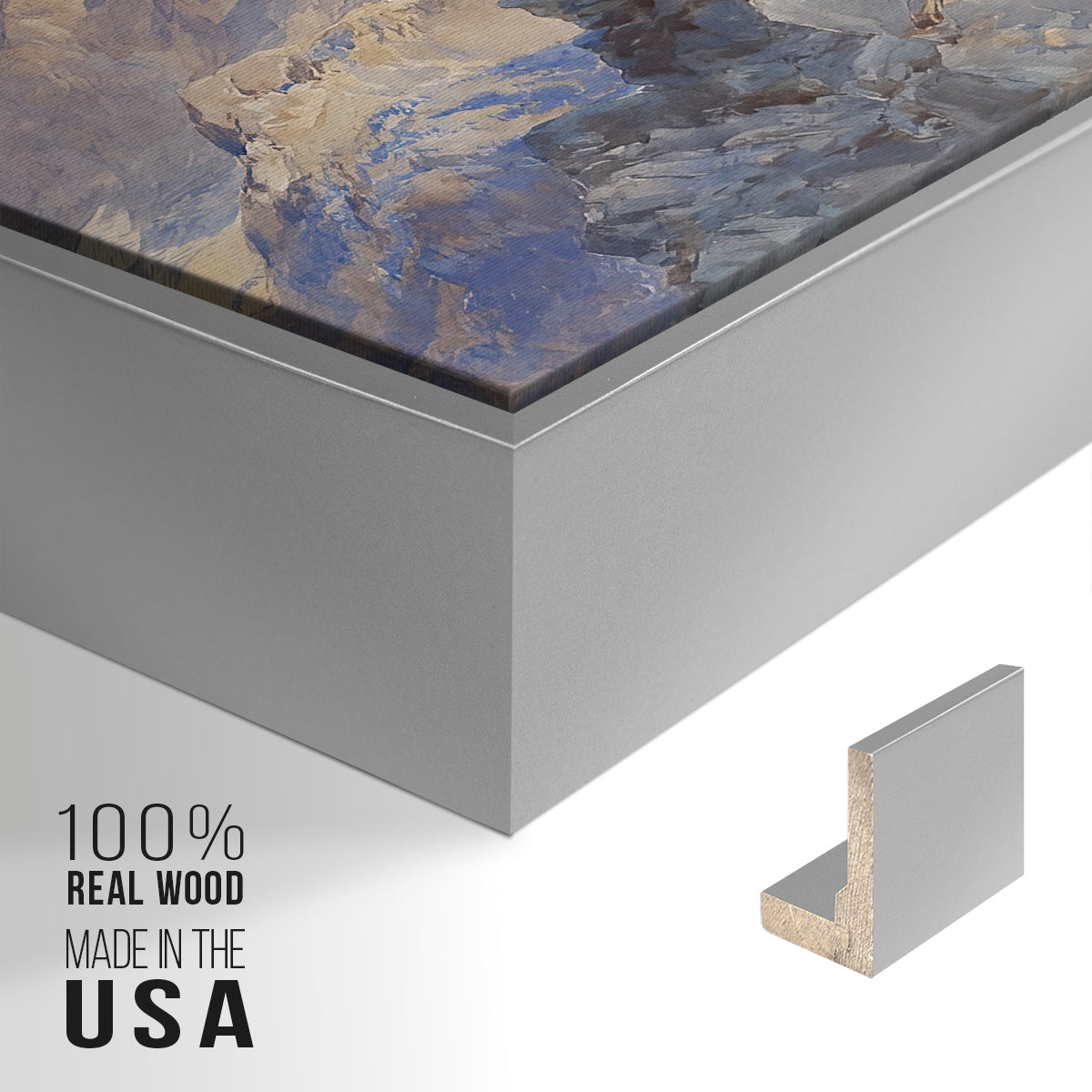 Close-up of the silver floater frame corner and gallery wrapped canvas construction.