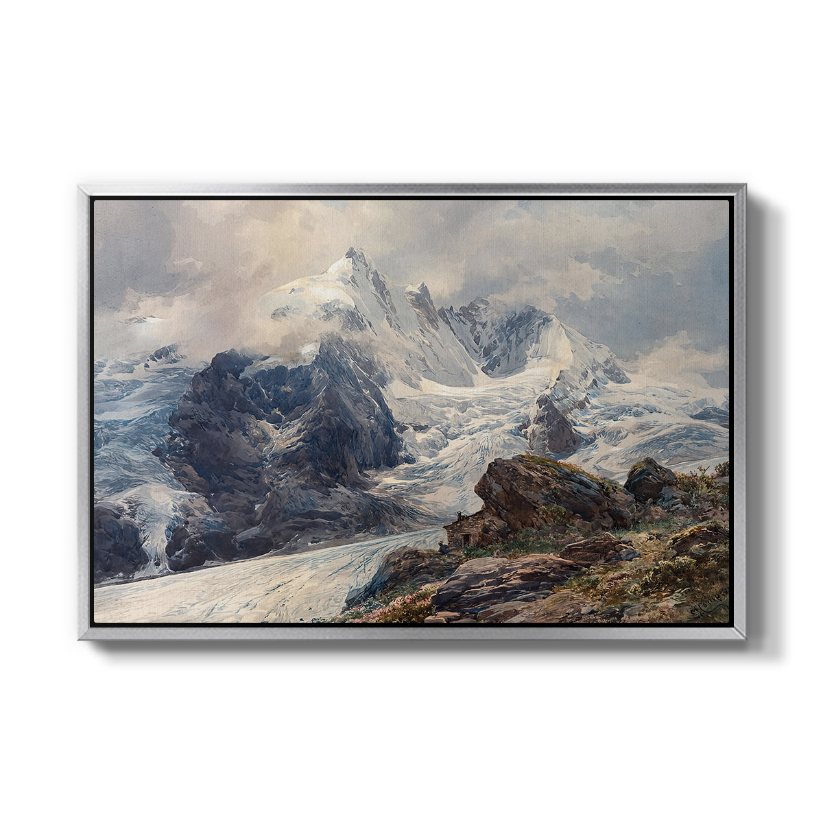 The Grossglockner, 1880 by Edward Theodore Compton in a silver floater framed canvas wall art display.