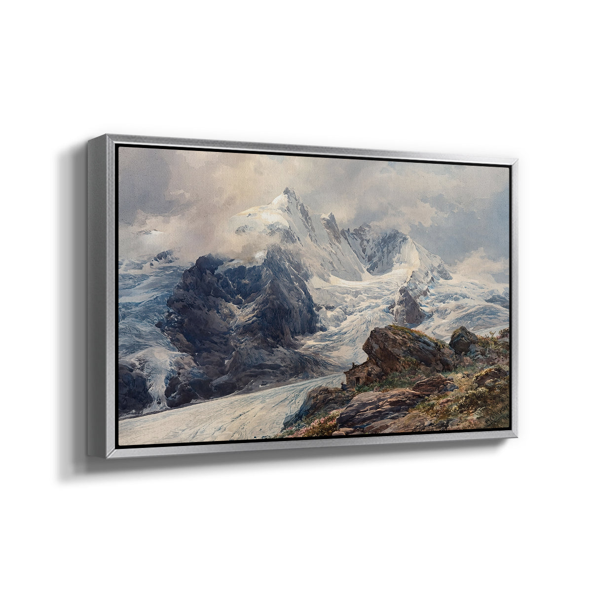 Angled view of The Grossglockner, 1880 by Edward Theodore Compton in a silver floater framed canvas.