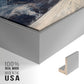 Close-up of the silver floater frame corner and gallery wrapped canvas construction.