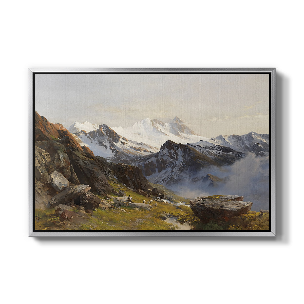 The Großglockner from the Prager Hut, 1890 by Edward Theodore Compton in a silver floater framed canvas wall art display.