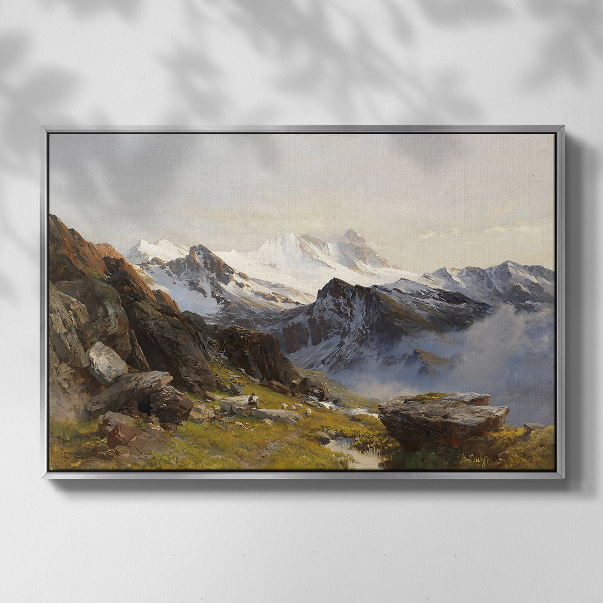 Front view of The Großglockner from the Prager Hut, 1890 by Edward Theodore Compton in a silver floater framed canvas.