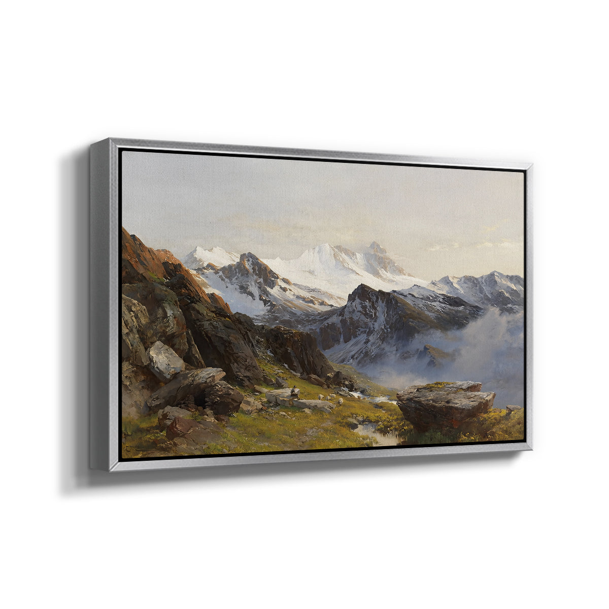 Angled view of The Großglockner from the Prager Hut, 1890 by Edward Theodore Compton in a silver floater framed canvas.
