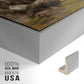 Close-up of the silver floater frame corner and gallery wrapped canvas construction.